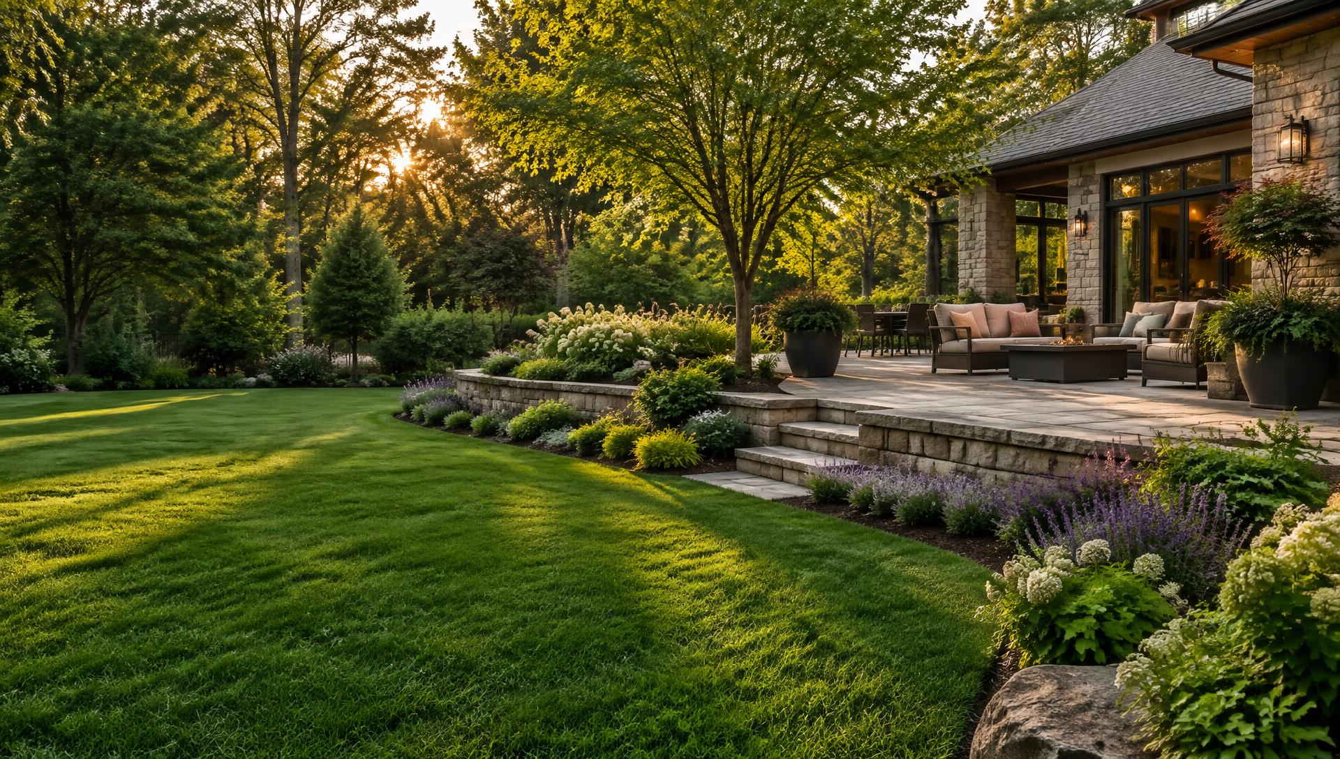 Professionally landscaped backyard with a stone patio, retaining wall, lawn, and planted garden beds